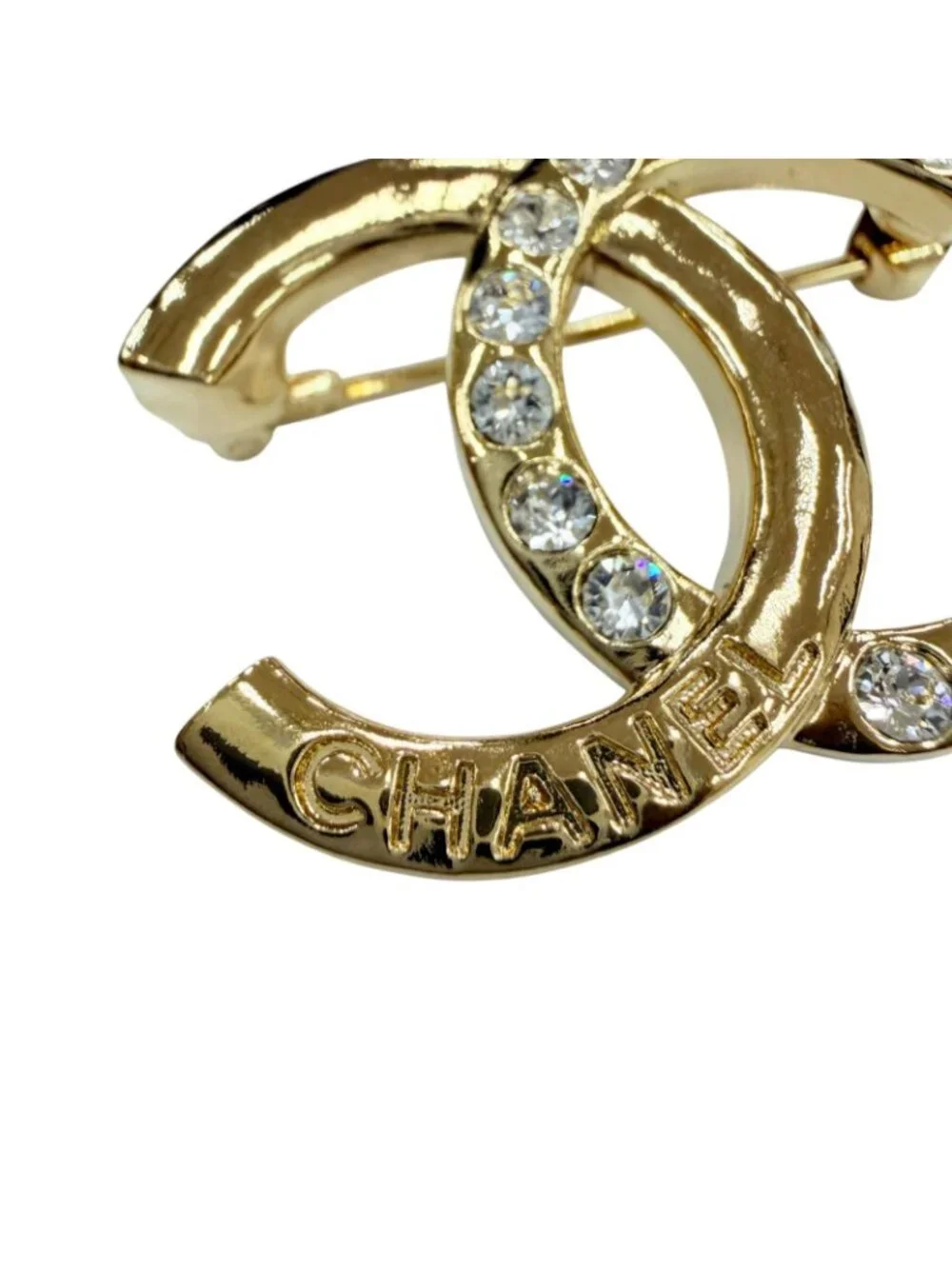 Chanel Metal CC Logo Rhinestone Brooch Gold